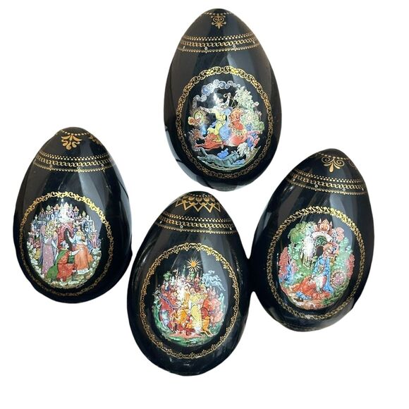 Masters of Palekh Russian Porcelain Egg Ruslan & Ludmilla Fairy Tale Set Of 4 - Picture 2 of 16